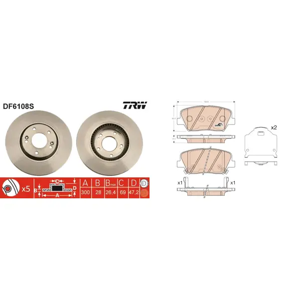 TRW DF6108S Disco De Freno Compatible Con Kia Sportage, Hyundai Ix35 Y Más (300mm, 5 Agujeros)